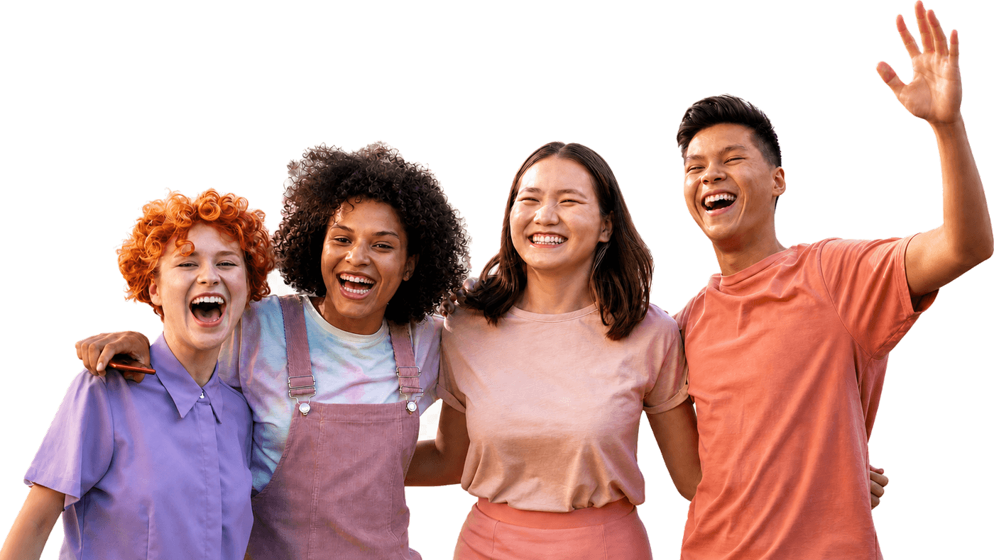 Four young friends laughing together