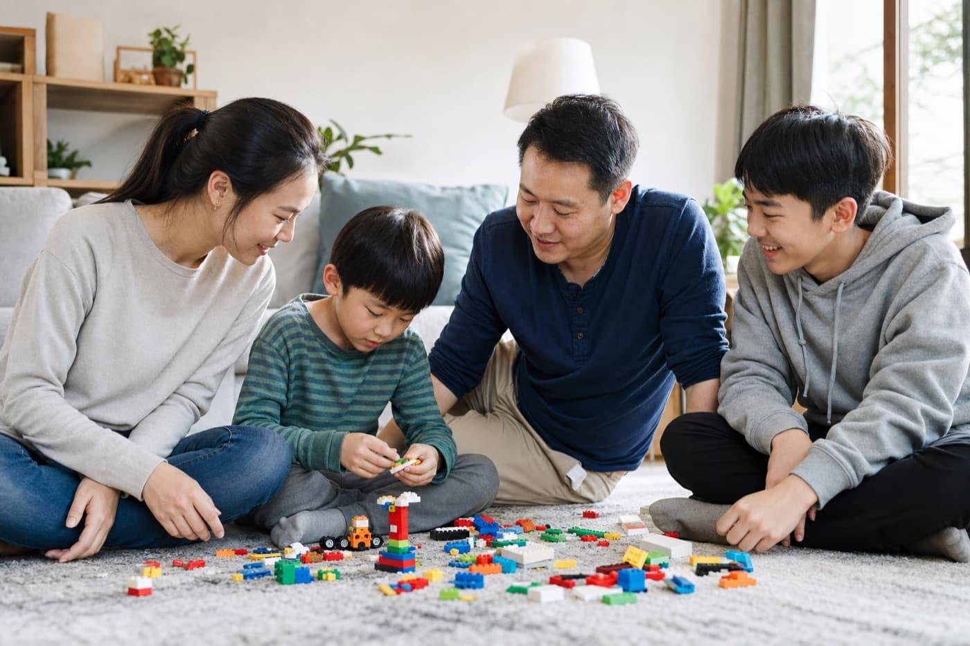 A family at home together, a younger child absorbed in building blocks alongside their parents and older sibling