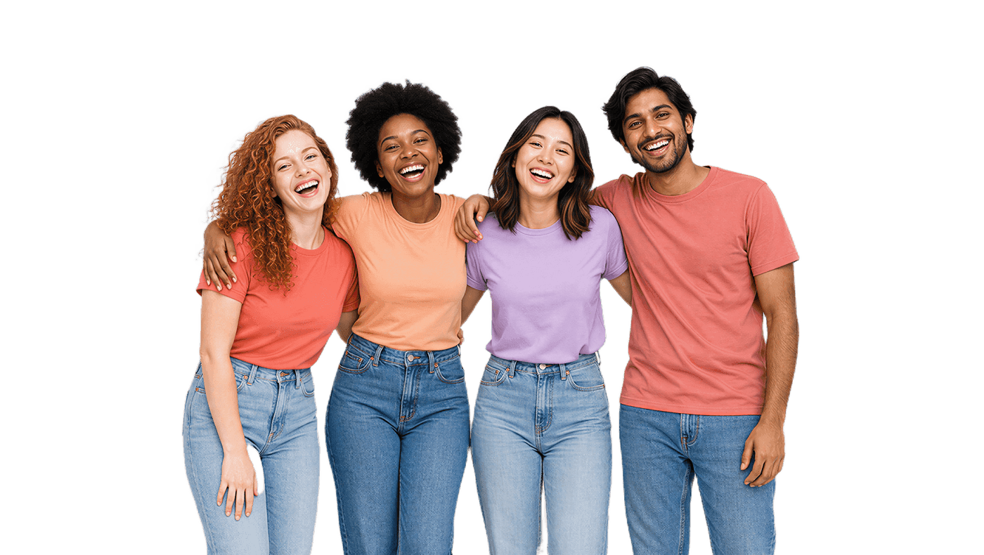 Four young friends laughing together